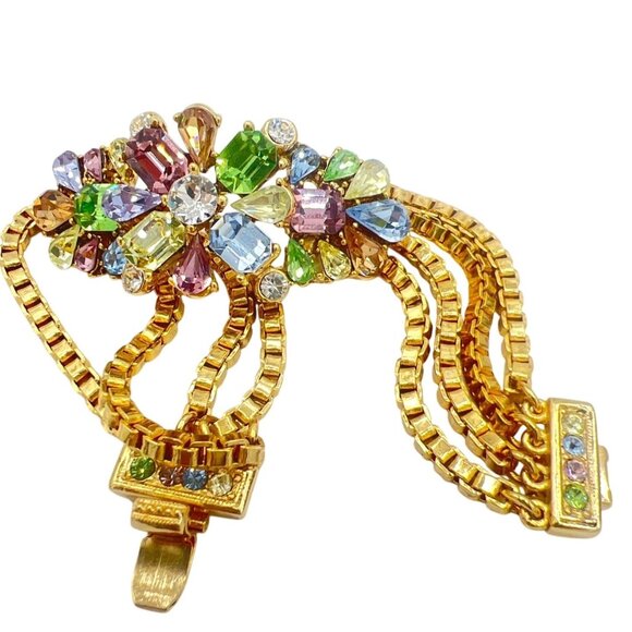 Ben Amun Bracelet Pastel Crystals Triple Box Link Chain Gold Tone Statement - Picture 2 of 16